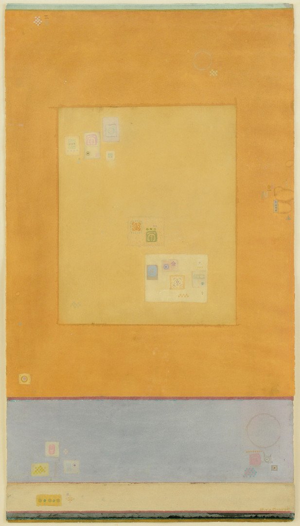 Olivia Munroe painting: Olivia Munroe (20th century), contemporary mixed media painting, study in geometrics, signed lower right. Float mounted in simple gilt frame. 40" x 22" sheet, 47" x 29" framed. Provenance: the estate 