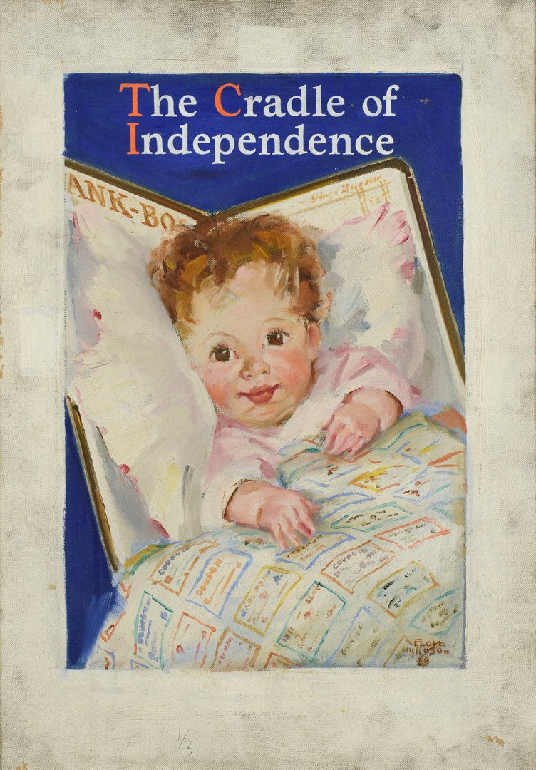 Munson Illustration Art, Cradle of Independence: Floyd Munson (American, 20th century), "The Cradle of Independence," 1940s era illustration art, portrait of a child in a crib, used to advertise savings bonds. Signed lower right and in the image of