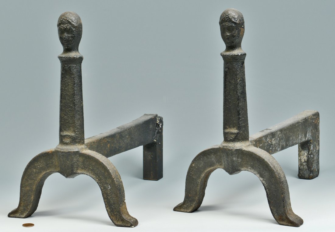 Pr. Valley of VA Andirons: Pair of Shenandoah Valley, Virginia cast iron figural andirons, possibly from the Redwell Furnace located near Luray (which operated under various names until at least 1840). Finials cast in the form