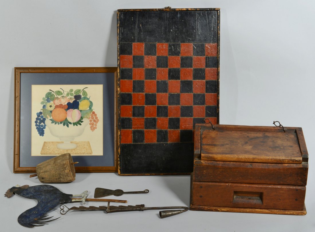 Six 19 Century Folk Art items: Six 19th century American folk art items. 1st item: Mid-19th century theorem, watercolor on paper, hand detailed and stenciled, depicting compote of fruit. Frame: 16-1/2" H x 14-1/2" W, sight: 11-1/4"