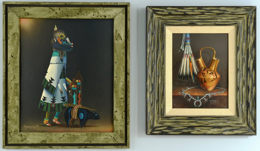 2 Native American R. Yellowhair Paintings: Two Robert Yellowhair (1937 -, Navajo ) oil paintings. 1st item: Acrylic on canvas painting depicting a still life of Native American decorative items. Signed lower right and dated "74. Housed in a pa