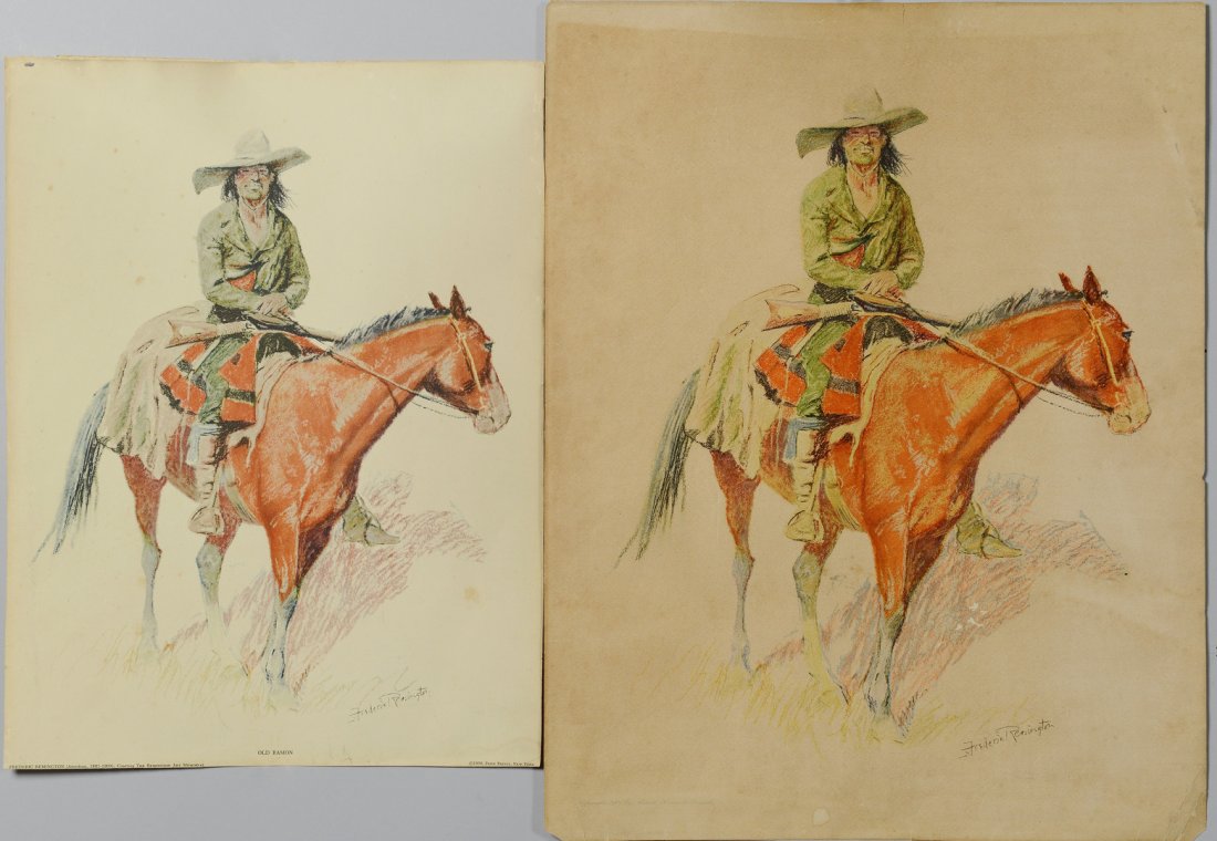 2 Remington Chromolithographs inc. Russell: Two chromolithographs after Frederic Remington's pastel "Old Ramon" (also known as "A Mexican Half Breed"). 1st image published by Robert Howard Russell, 1901, signed and dated in the stone, from a se