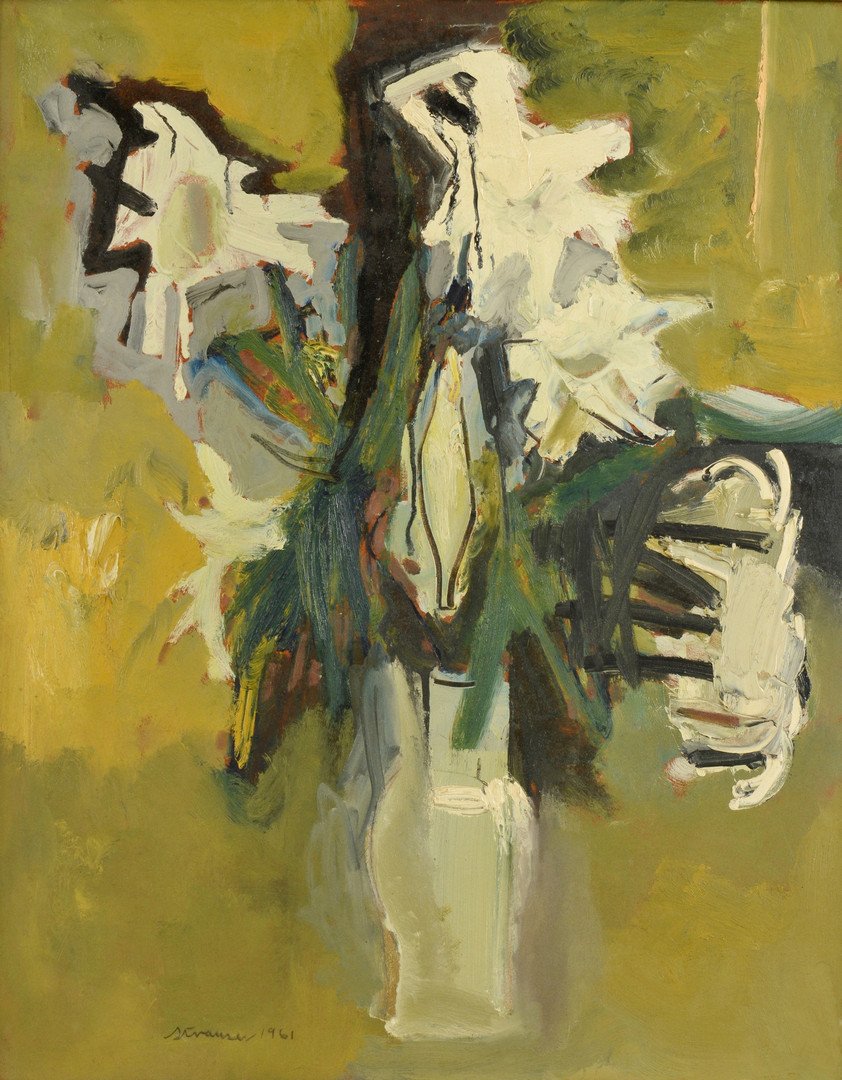 Sterling Strauser still life, white lilies: Sterling Boyd Strauser (American, 1907-1995). Oil on board still life with white lilies in a transparent vase, signed and dated lower left "Strauser 1961". Stained hand-carved wood frame. 30" x 23". P