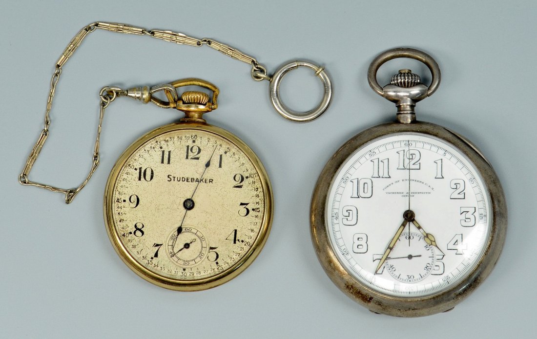 Vacheron & Constantin pocketwatch plus other: 1st item: Vacheron & Constantin, Geneva, 900 silver open face chronograph pocket watch marked Corps of Engineers U.S.A. No.556, white enamel dial with Arabic numerals, subsidiary seconds dial, stop/st