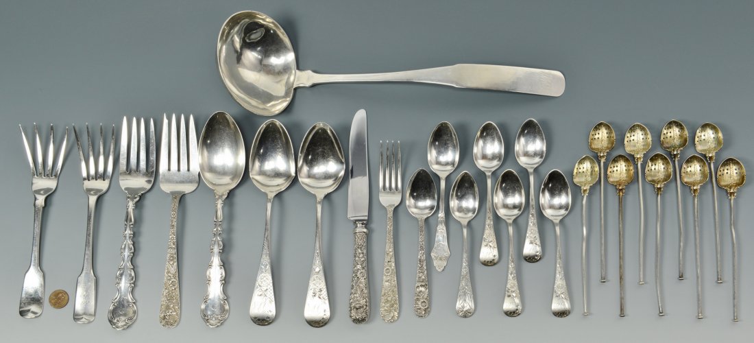 Misc. Silver Flatware, 24 pcs.: Miscellaneous grouping sterling silver flatware and serving pieces including Kirk & Son Repousse dinner knife, 9" L, dinner fork, 7-1/4" L, teaspoon and cold meat fork; Gorham Strasbourg serving fork 