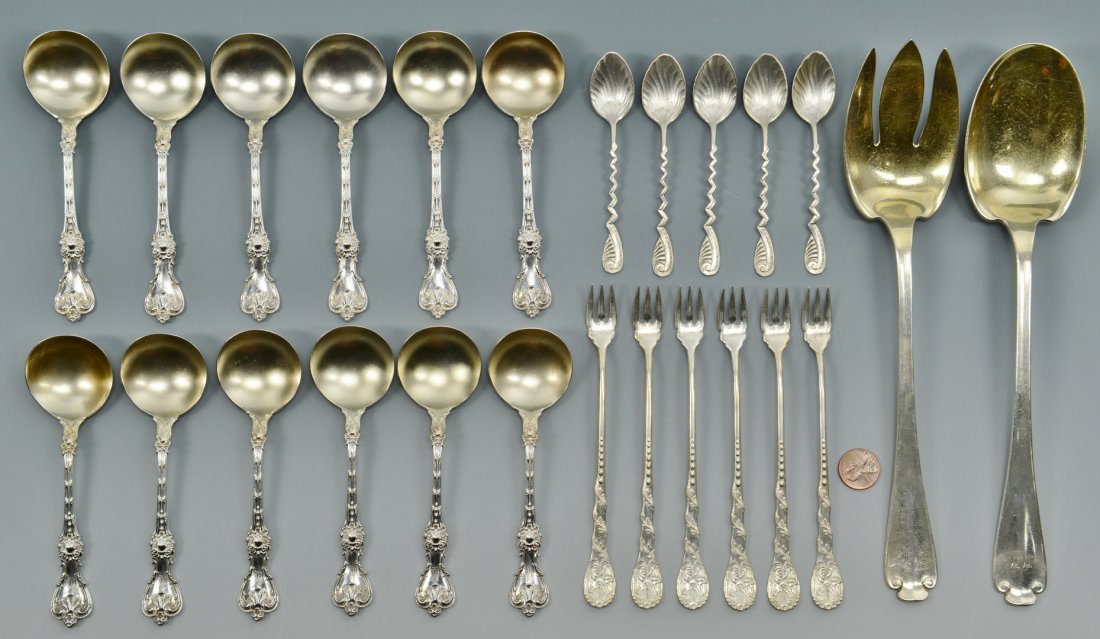 Silver Flatware incl Tiffany serving: Group of miscellaneous sterling silver flatware including Tiffany serving spoon and serving fork in the "Flemish" pattern with gilt bowls, (9-7/8" L, monogrammed); set of 12 Whiting Co. sterling silve