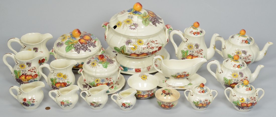 Copeland Spode Reynolds Serving Pieces: 18 Copeland Spode Reynolds porcelain (S2188) serving pieces including tureen with lid and underplate, coffee pot, 2 sizes of teapots, 1 gravy boat with with underplate, 2 sizes of sugar bowls with lid