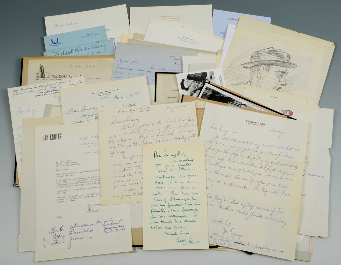 Letters/Autographs of Celebrities: Large collection of personal correspondence from numerous celebrities and Lanny Ross, entertainer and radio personality including James Cagney, Maurice Chevalier, Bette Davis, Don Knotts, Richard Roge