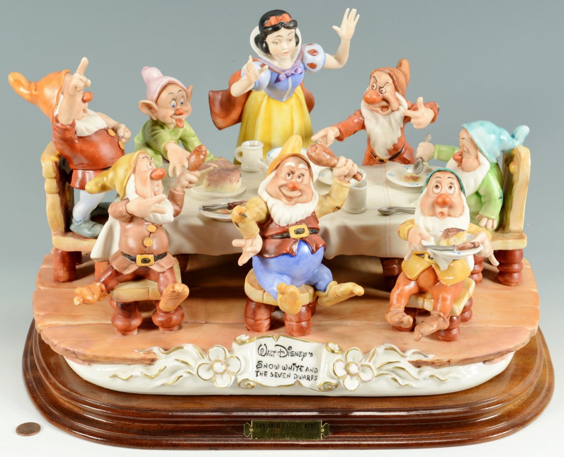 Capodimonte Snow White & 7 Dwarfs Figural: Laurenz Capodimonte limited edition porcelain figural of Snow White and the Seven Dwarfs seated for dinner, # 53 /2500, by Italian artist Enzo Arzenton. 11 1/2" H x 16 1/2" W x 12 1/2" D.