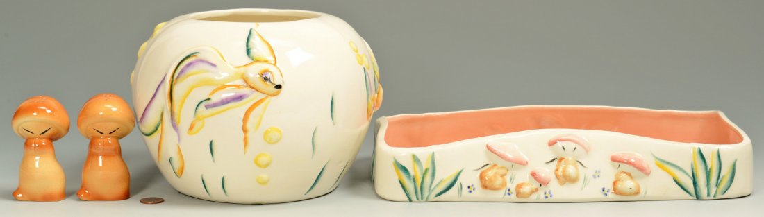 4 Vernon Kilns Fantasia Items: Grouping of Vernon Kilns Fantasia ceramic items including a pair of salt and pepper shakers (3 1/8" H), large mushroom dancer dish (2" H x 12" L x 6 1/2" W) and fish bowl (5 1/2" H). Larger pieces sta
