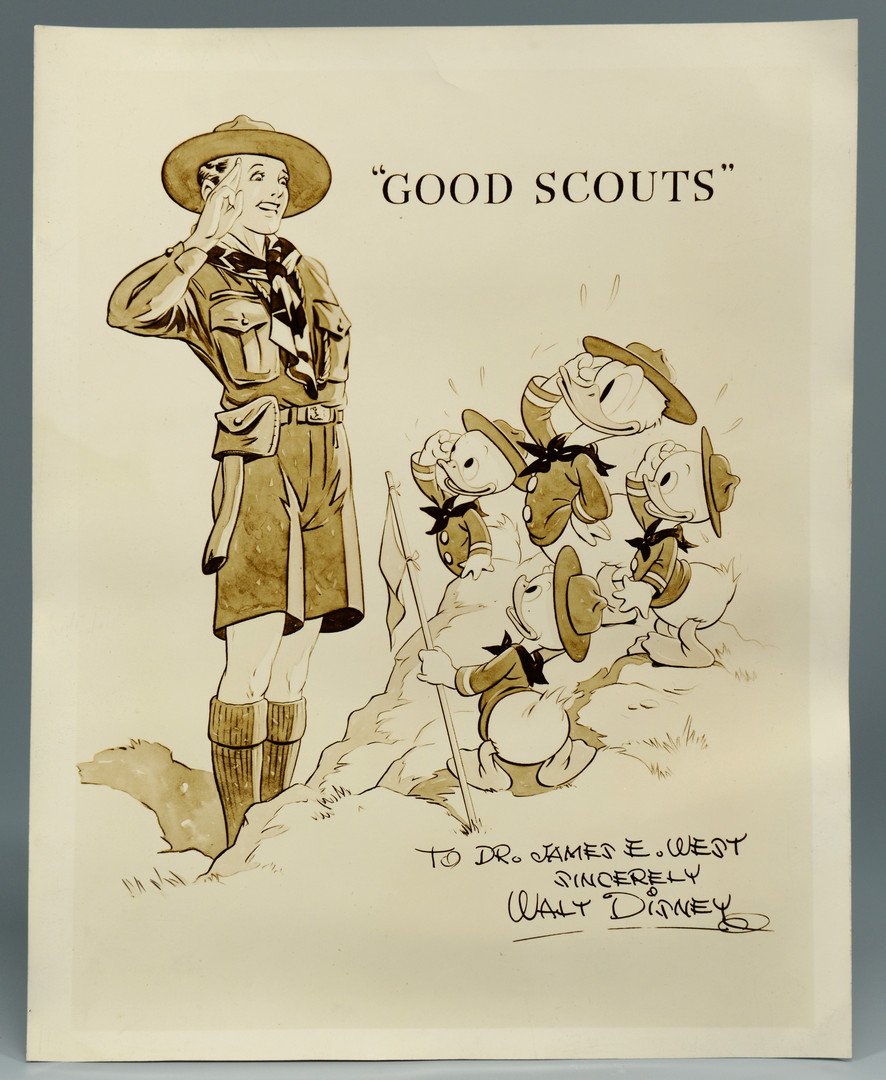 Disney Boy Scout Photograph to James West: "Good Scouts," Walt Disney signed photograph depicting a Boy Scout standing and saluting with Donald Duck's nephews saluting in return. Signed lower right, "To Dr. James E. West Sincerely Walt Disney"