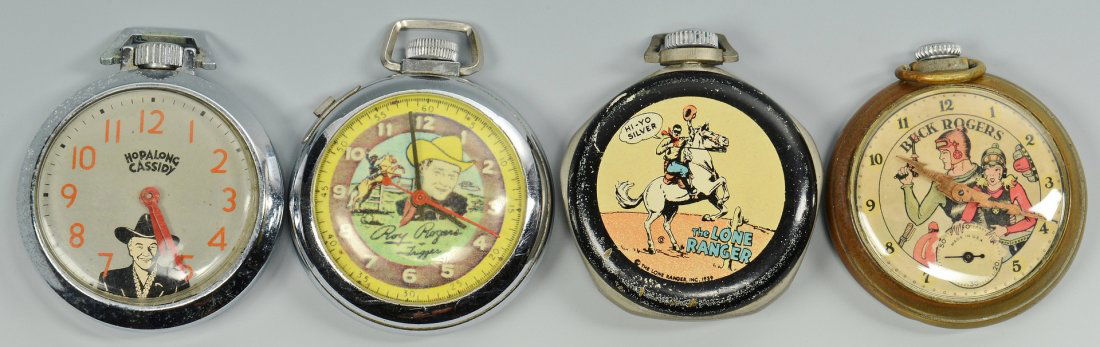 4 Vintage Pocket Watches, TV Heroes: Group of four early television character vintage pocket watches including Buck Rogers, Lone Ranger, Roy Rogers and Hopalong Cassidy, each 2" diameter. Mid-20th century.