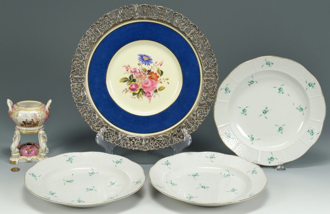 Herend, Spode and KPM, 5 pcs: 1st through 3rd item: 3 Soup Bowls or soup plates in a green bouquet pattern (similar to Chinese Bouquet), blue and impressed Herend marks on undersides, 9-3/4" diameter. 4th item: Pastille burner wit