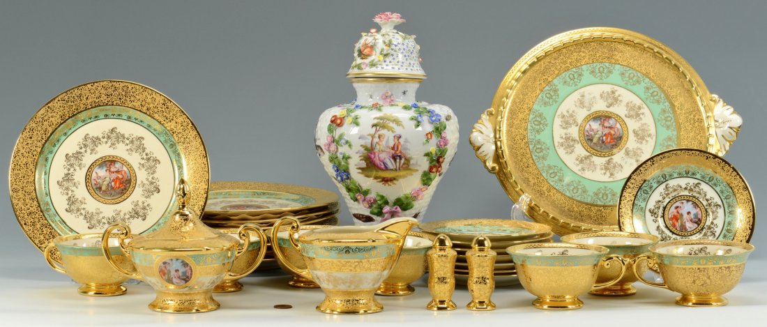 Le Mieux Czech dinnerware & Meissen style jar: Le Mieux Czechoslovakian porcelain dessert service including serving plate (10" x 11-3/4'),8 plates (8-3/4"), 7 teacups and 8 saucers, covered 2-handled sugar, creamer and pair salt and pepper shakers