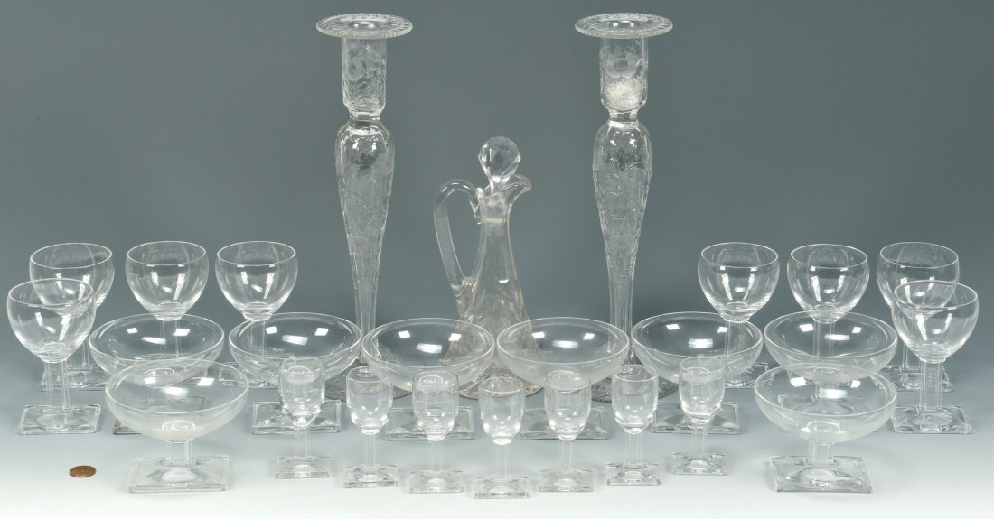 26 pcs glass inc Heisey New Era, Candlesticks and Cruet: 23 pieces of crystal stemware attributed to Heisey, New Era Pattern with Art Deco or Art Moderne style rectangular footed bases and plain bowls: 8 low sherbets or champagnes, 8 liquor cocktail goblets