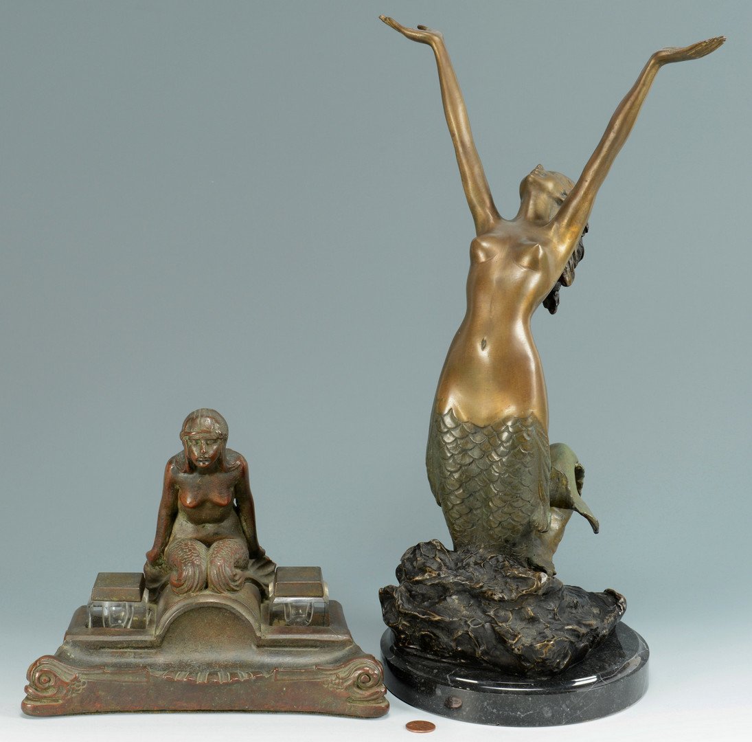 Bronze Mermaid Figure & inkwell: 1st item: Bronze figure of a mermaid emerging from a wave with outstretched arms. Signed on the base "Marina" and mounted on a black circular marble base. 17" H (including base) x 9 1/4" W x 7" D. 2nd