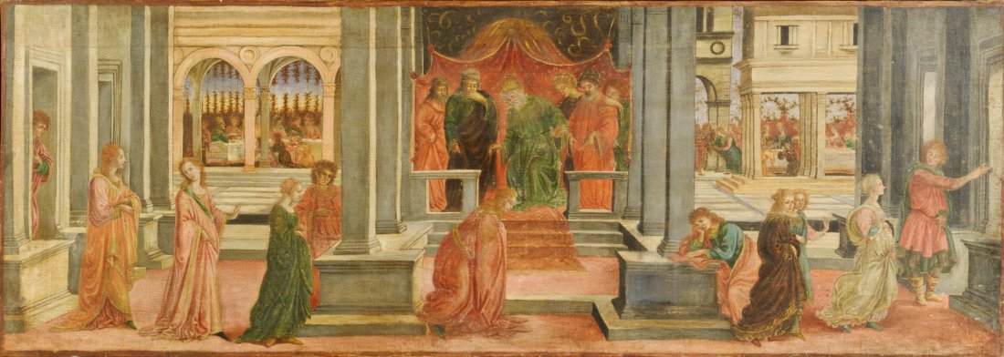 Italian School o/c, Queen Esther: Continental School, Renaissance style painting depicting a procession of young women before a King and his advisors, likely the selection of Esther as Queen (note Vashti being stripped of her crown in