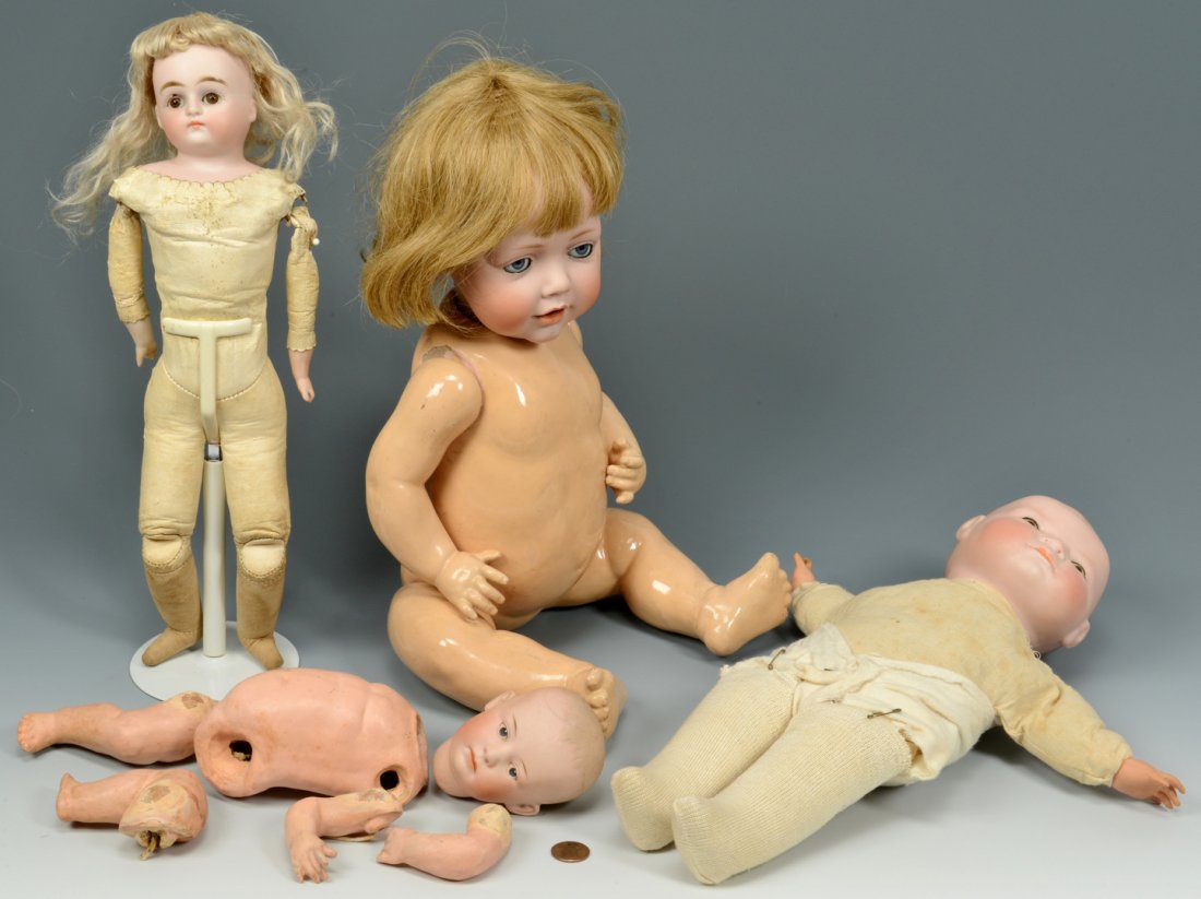 Grouping of Kestner & Byelo Doll Items: Assorted grouping of Kestner and Byelo doll items including a Byelo baby body, Byelo baby head with brown eyes (crack on head), a Kestner marked D #245 doll with closed mouth (eyes with chips, crack t