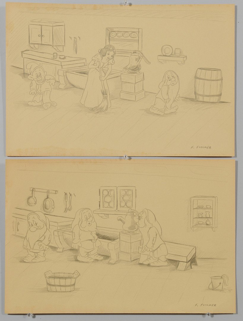 F. Follmer, 2 Snow White Drawings: Frank Follmer (d. 2000), lot of two cartoon sketches depicting Snow White and the Seven Dwarfs (one depicts only dwarves). Pencil on paper, signed lower right "F. Follmer." 12" x 18". Accompanied by c