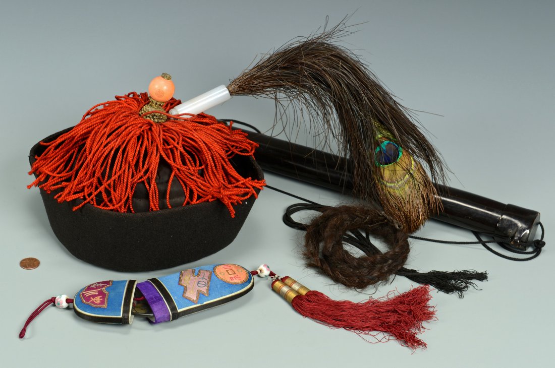 Chinese Qing Official's Winter Hat w/ Spectacles, 4: Chinese Qing Manchu Official's Winter Hat, Braided Queue and Accessories. 1st and 2nd items: Black wool and silk skull cap with upturned brim, the crown covered with a red twine fringe bound by a cora