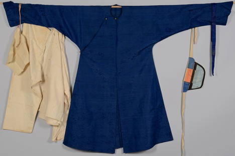 Qing Silk Robe w/ Undergarments: Chinese Qing dynasty men's blue silk robe with undergarments. Lot includes blue silk brocade robe woven with all over auspicious symbols decoration and gilt buttons, white silk underjacket,