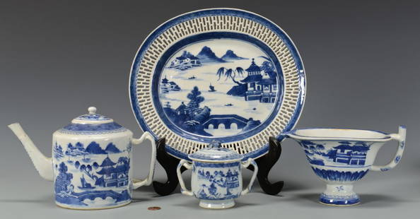 Grouping of Canton Porcelain: Grouping of Chinese Export blue and white Canton porcelain including reticulated platter, 10" x 11", (one old hairline on outer rim, less than .5"); helmet pitcher, also with cloud and swastika