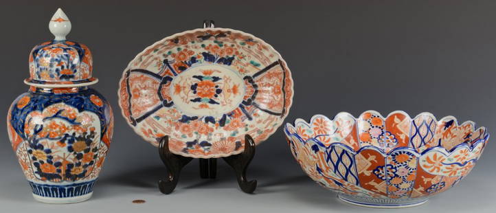 Imari Covered jar & 2 Bowls: 1st item: Imari porcelain covered jar, baluster form decorated with tree of life and bat motifs, 12"H. Meiji Period, late 19th century. 2nd item: Large scalloped edge Imari porcelain bowl with tree