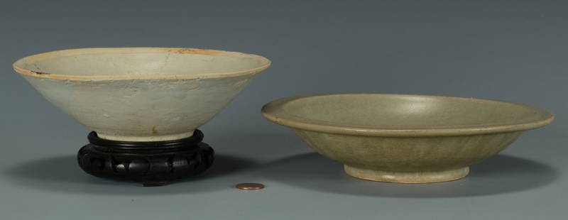 Chinese Sung & Ming Dynasty Bowls: Two Chinese Sung and Ming Dynasty ceramic bowls. 1st item: Chinese Sung Dynasty (960 - 1279) ceramic bowl with light celadon glaze. 2" H x 6 3/4" dia. 2nd item: Chinese Ming Dynasty (1368-1644)