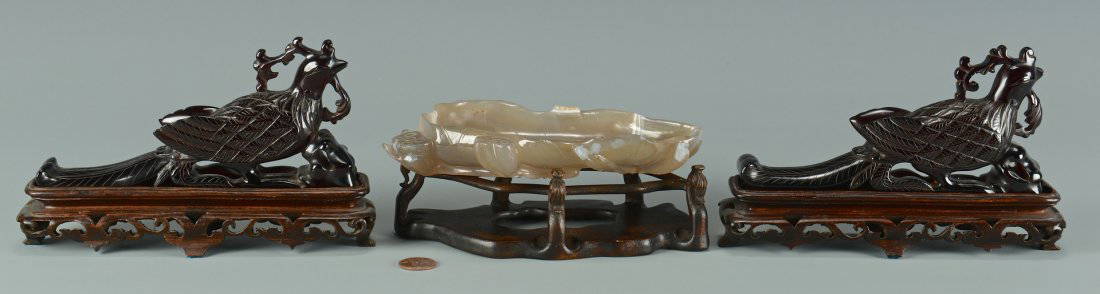 3 Chinese Carved Stone Items: 1st item: Pair carved cherry amber pheasants with fitted hardwood stands. Birds measure 3 1/8" H x 6 1/8" L. Overall 4 1/4" H x 7" L. 2nd item: Carved hardstone, possibly agate, turtle form brush