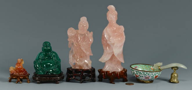 5 Chinese Jade & Hardstone Items: 1st item: Pair carved rose quartz scholar figures, one standing with ruyi scepter (6" H) and the other standing holding a lotus blossom (5" H), both fitted with hardwood stands. Both early 20th