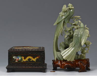 Jade Bird Group & Dragon Box: 1st item: Jade figural group depicting two carved birds amid prunus branches, one carrying a rose branch in its beak. 9"H. 2nd item: Footed and carved hardwood box inset with cloisonne panels