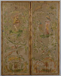 Pair Painted Chinoiserie Panels: Pair of antique polychromed wood panels with Chinoiserie decorations of a woman with parasol and man trying to catch a phoenix. Both with silk fabric backing and enclosed in a ribbon molded giltwood