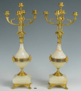 Pr. Enameled Onyx Candelabra: Pair of Aesthetic Movement 5-arm candelabra, onyx with horizontal band of multicolored enamel at midsection and gilt bronze mounts including branches, mask handles and footed bases, 21"H.