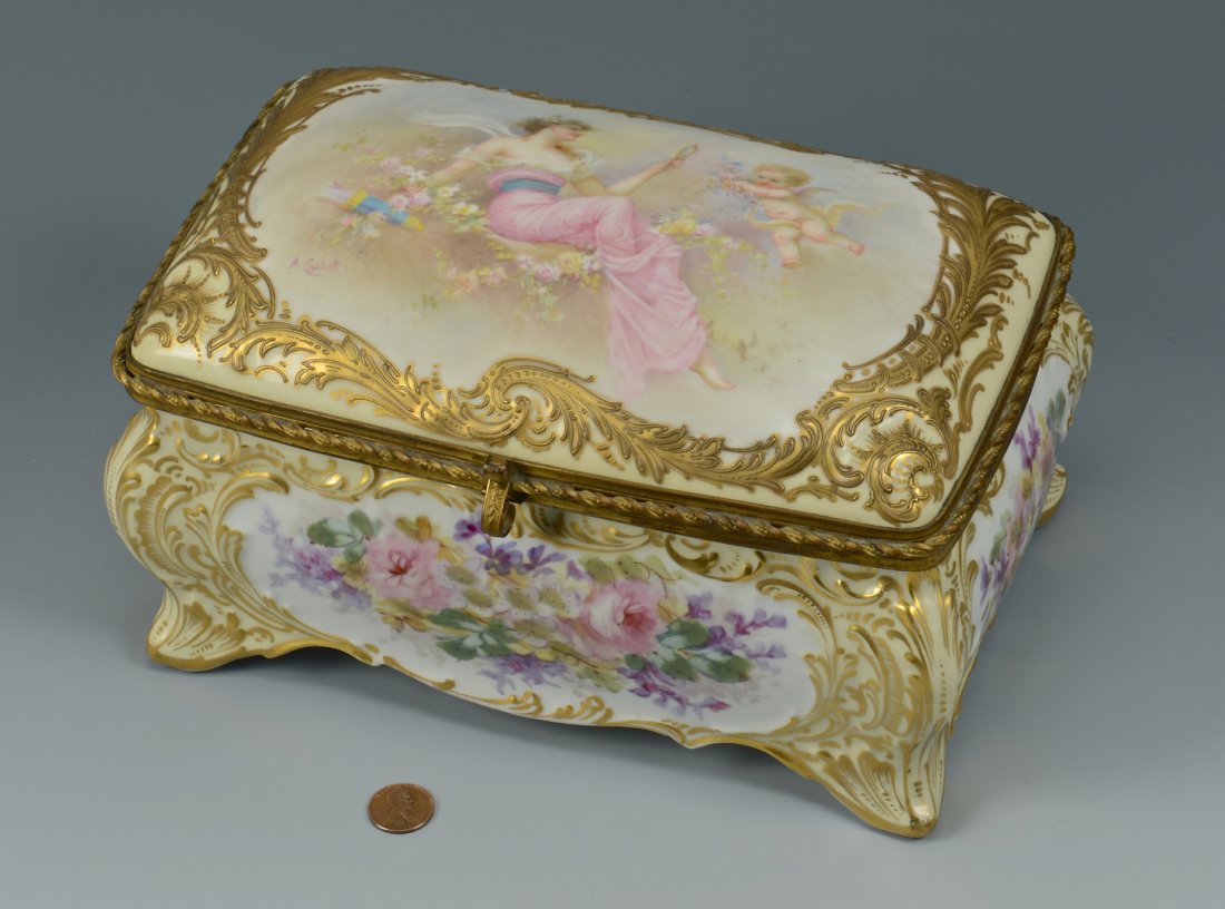 Sevres pattern casket, signed Callot: French Sevres pattern porcelain casket with bronze mounts, lid painted and signed "A. Callot" depicting a goddess with cupid, the sides with floral spray decoration and the interior with additional fl