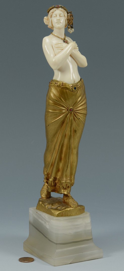Eugene Barillot Nude Sculpture: Eugene Barillot (French, 1841-1900) ivory and gilt bronze nude sculpture titled "Odaliske", depicting a partially nude female in Turkish style dress, alabaster base. Signed "Barillot, Paris" on the ba
