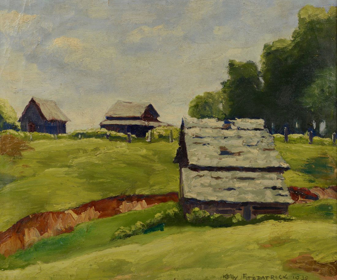 Kelly Fitzpatrick o/c Landscape: John Kelly Fitzpatrick (American/Alabama, 1888 -1953) impressionist oil on canvas landscape depicting barns bordered by trees. Signed lower right and dated "1939". Presentation label en verso reads "T