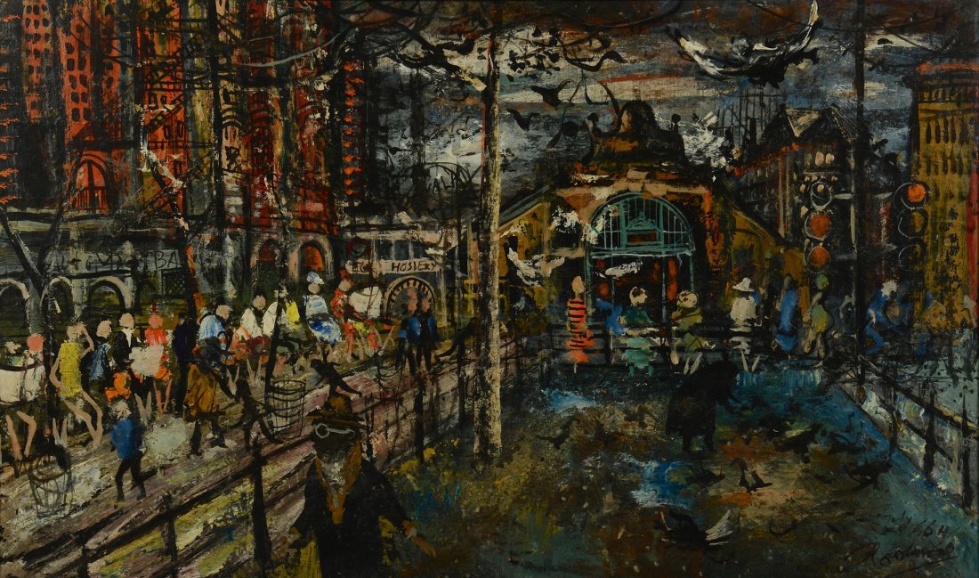 Large Noel Rockmore streetscape: Noel Rockmore (New York/New Orleans, 1928-1995) oil on board painting of a busy street scene under a darkened, bird-filled sky; a large terminal-like building is in the background and in the foregroun