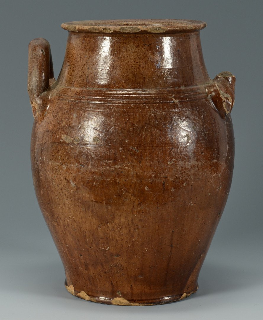 East TN or SW VA Sine Wave Jar: East Tennessee lead glazed earthenware pottery jar with open loop rolled handles and sine wave incising around the upper shoulder, unusual speckled glaze. Attributed to Sullivan Co., Tennessee or Sout