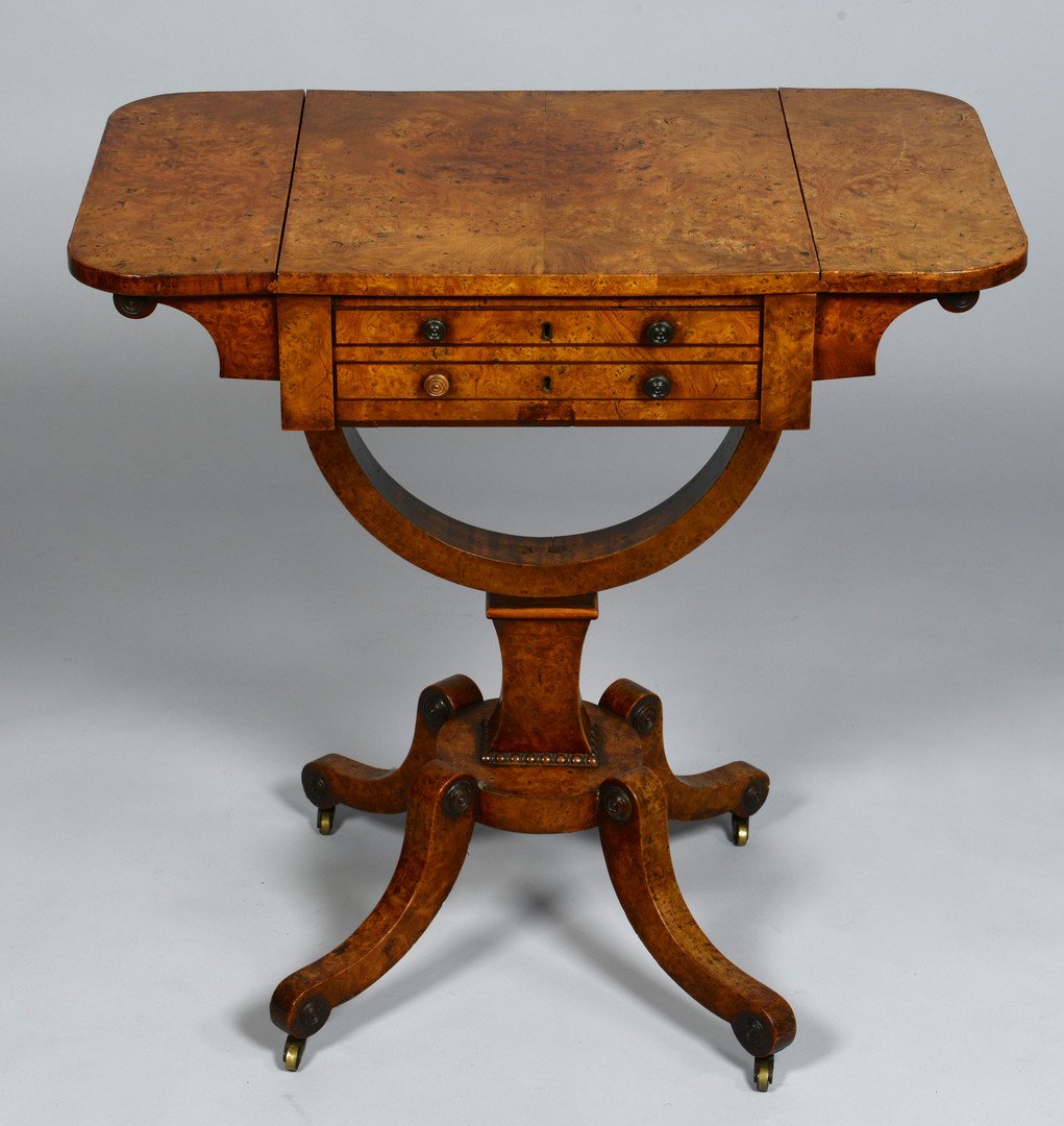 Birdseye Maple Work Table: Birdseye maple veneered work table, mahogany secondary wood, with two drop leaves at side and two dovetailed drawers with ebonized string inlay and turned round knobs, the top drawer with fitted inter