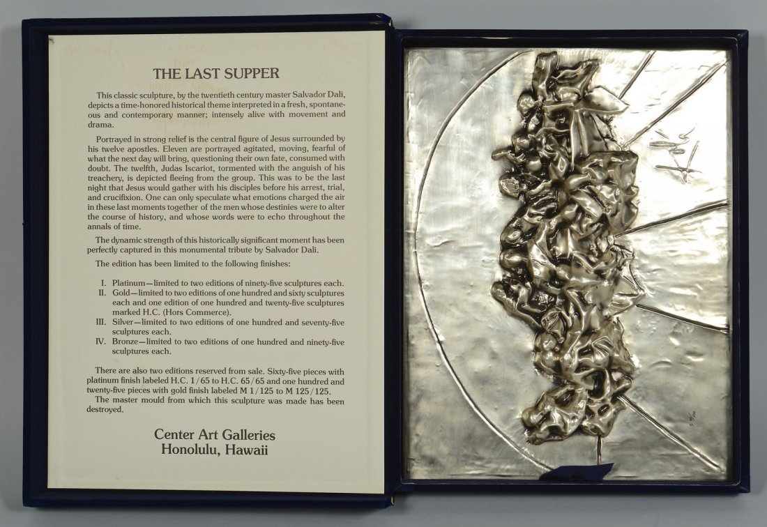 Dali Last Supper Silver Bas Relief: Salvador Dali (Spanish, 1904-1989) "Last Supper" bas relief in silver. Edition number I90/175. 1978. Published by Center Art Gallery. Authenticated by archivist Albert Field and registered in the Salv