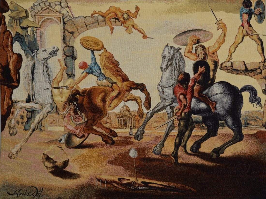 Dali Tapestry, Battle Around A Dandelion: Salvador Dali (Spanish, 1904-1989) tapestry "Battle Around A Dandelion". Edition # 524/600. 1988. Published by Demart Pro Arte B. v. Authenticated by archivist Albert Field and registered in the Salva