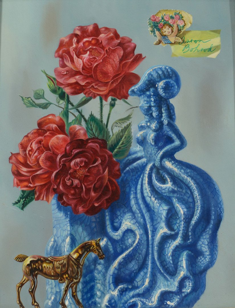 Aaron Bohrod Trompe Painting: Aaron Bohrod (American, 1907-1992) oil on board trompe l'oeil still life painting, titled verso "Red Roses for a Blue Lady." Depicts red roses in a blue ceramic vase with figurine of a lady in volumin