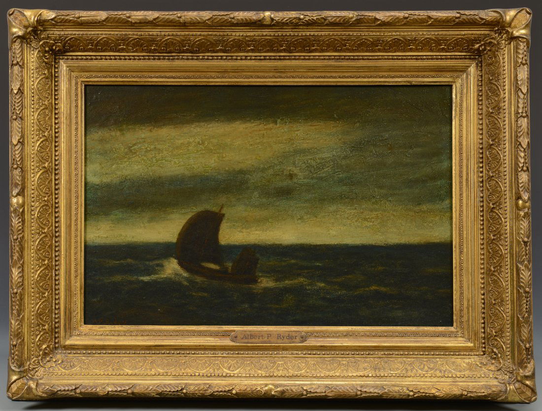 Albert Pinkham Ryder, "Boat at Sea": Albert Pinkham Ryder (American 1847-1917) oil on canvas, "Marine - Boat at Sea," circa 1893-94. Depicts a lone boat cutting through murky and choppy waters against a darkening sky. Signed in red paint
