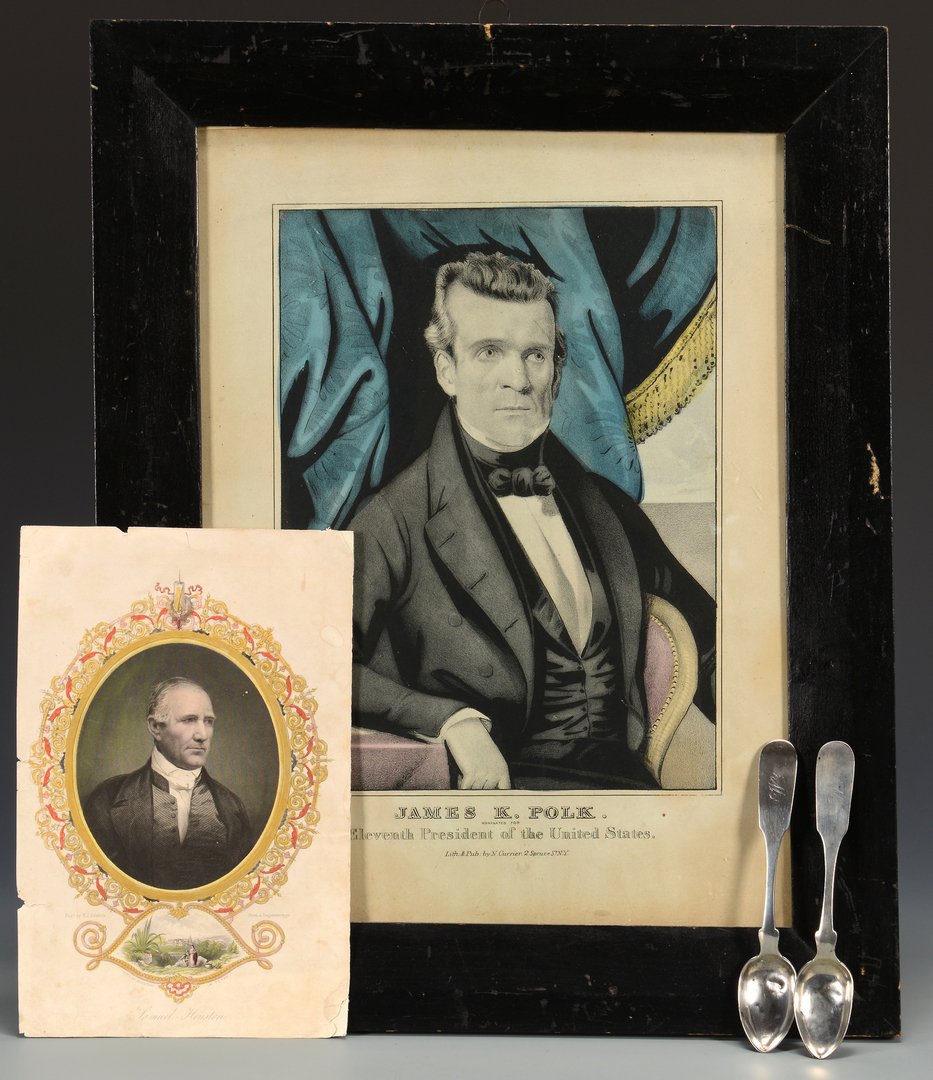 2 S. Bell Coin Spoons & Polk, Houston Prints: Grouping of Tennessee related items including a pair of Samuel Bell coin silver spoons, and 19th century James Polk and Sam Houston prints, 4 items total. 1st item: Pair of Samuel Bell coin silver tea