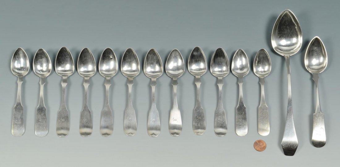 14 KY Coin Silver Spoons: Group of coin silver spoons including eight (8) fiddle tipt teaspoons, marked for William Kendrick (working Louisville, KY, 1831-1880), 5-5/8" L; one (1) fiddle handle tablespoon marked W. P. Loomis (
