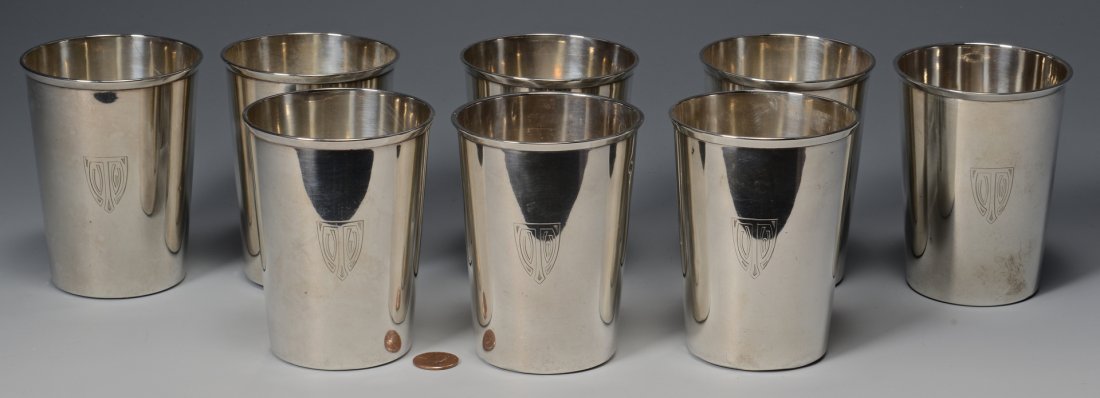 8 Gorham Sterling Silver Cups: Set of 8 Gorham sterling silver beaker or julep cups, 4" H, 29.45 oz troy total weight. Gorham "Lion, Anchor, G" marks worn. Monogrammed.