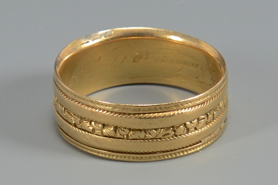 William IV Gold Ring, 18k: A William IV antique engraved 18k yellow gold ring, possibly a men's wedding band, marks for London, 1834-1835, and maker's mark WF, attributed to William Fearn. Inscription on interior has the date o