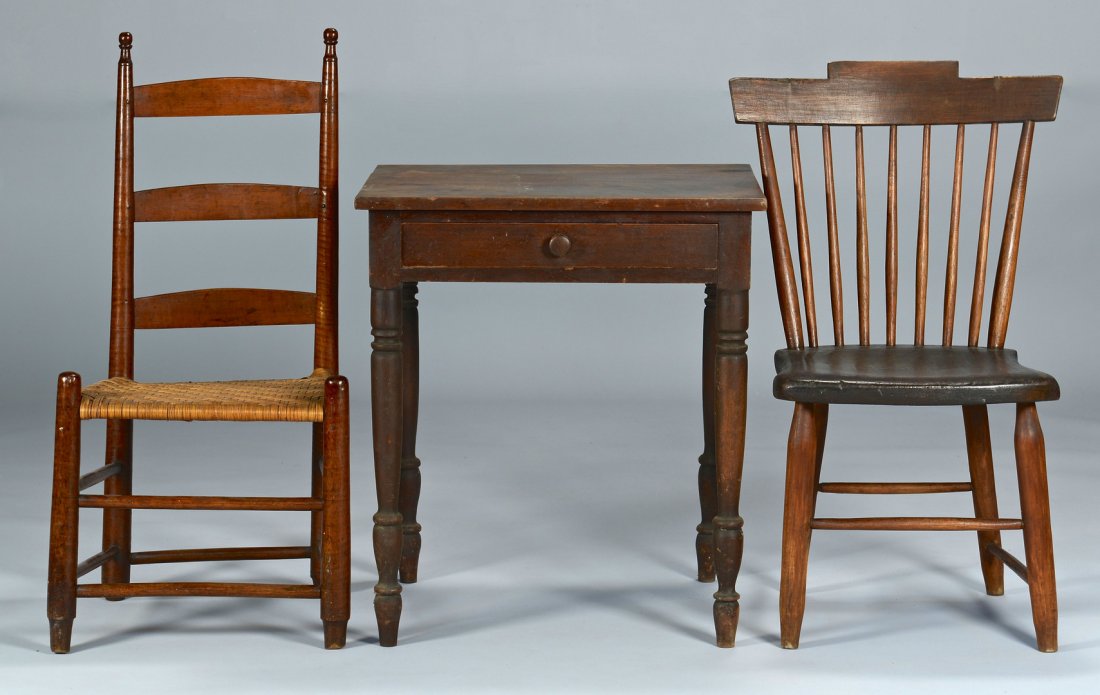 2 East TN Chairs & 1 East TN Table: Grouping of East Tennessee chairs. 1st item: East Tennessee windsor chair, probably Sullivan Co., with a stepped crest rail, losenge turnings, and shaped seat. Mixed woods. 15" x 16 1/2" x 34". 1st ha