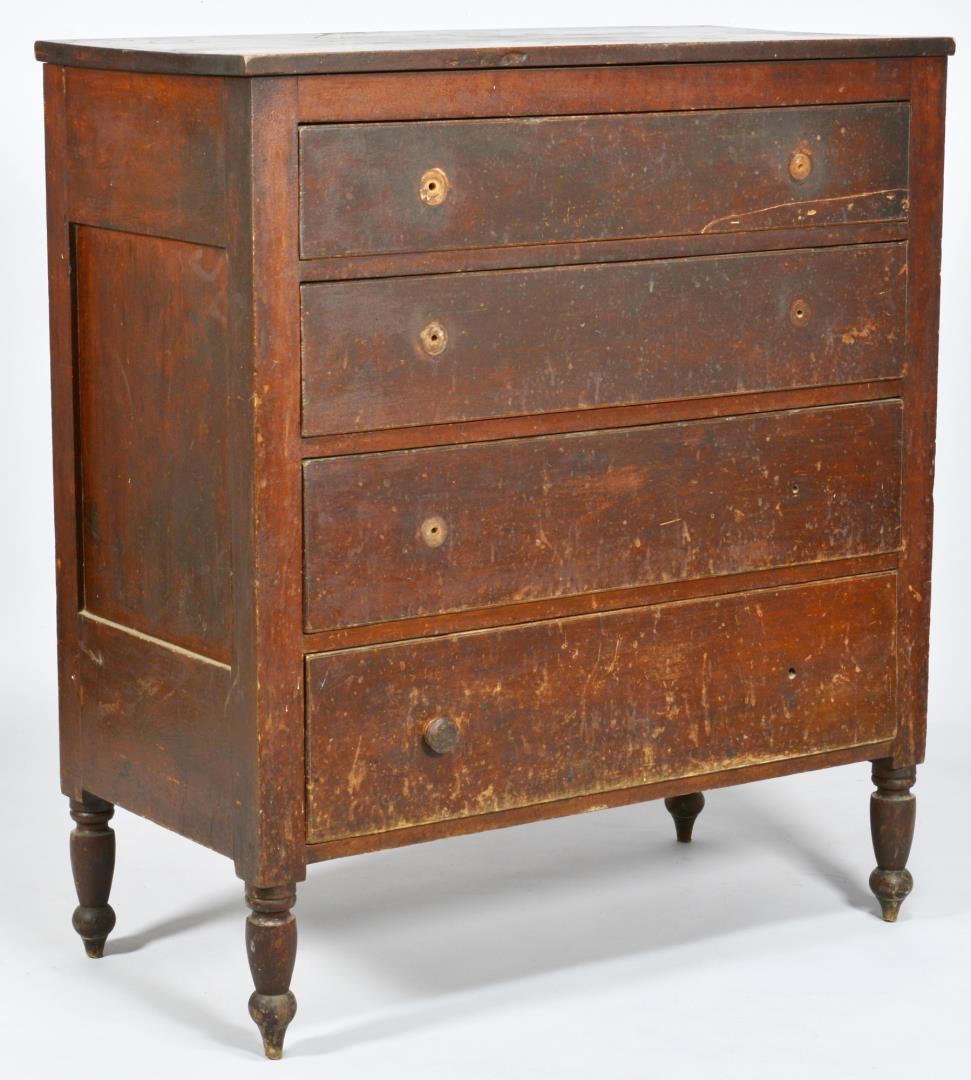 Middle TN Cherry Chest of Drawers: Middle TN Sheraton chest of drawers in original surface, cherry primary and poplar secondary woods, having four graduated dovetailed drawers with scratch beaded edges, resting on turned feet. Post and