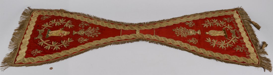 Early French Religious Textile: Early French Religious Textile, possibly a saddle cover, velvet with passimenterie style applied metallic thread damask and gilt metallic thread embroidery, braid and fringe, with paper faced religiou